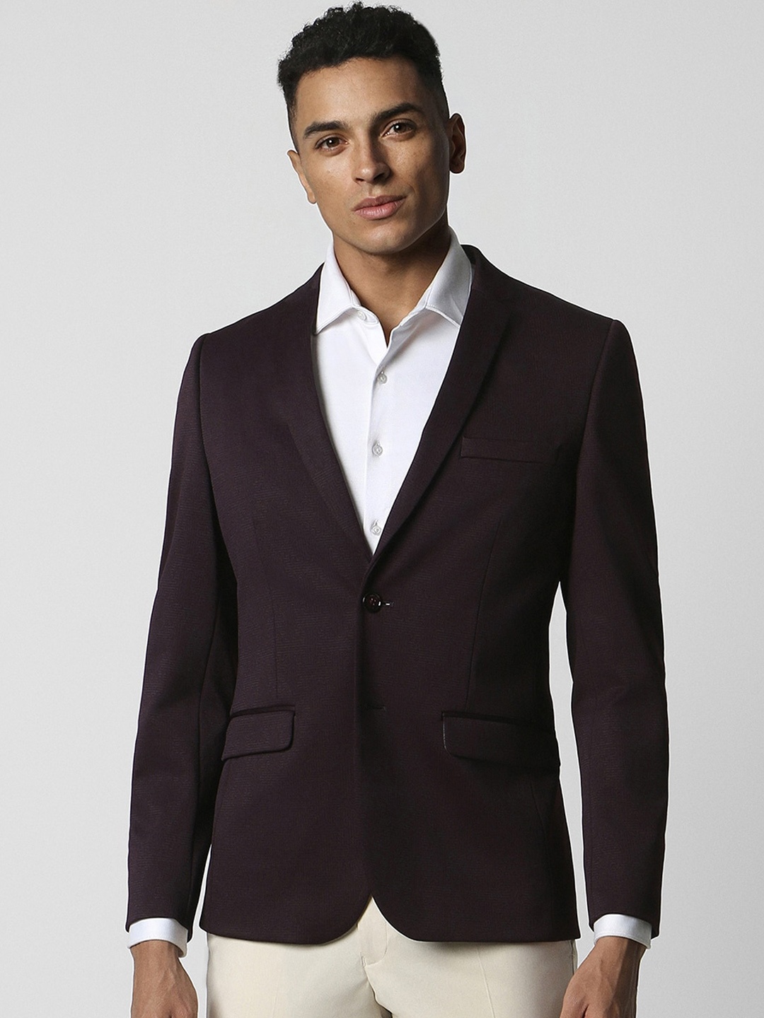 

V Dot Slim-Fit Self Design Notched Lapel Single Breasted Formal Blazer, Purple