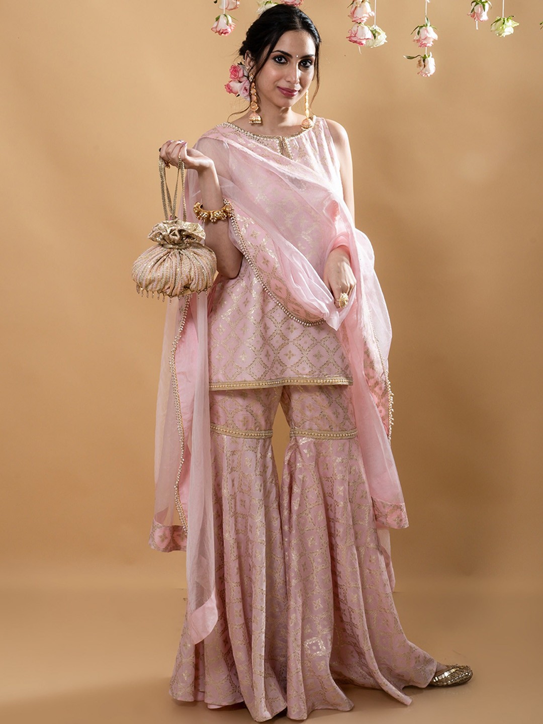 

Monk & Mei Regular Kurta with Sharara & Dupatta, Pink