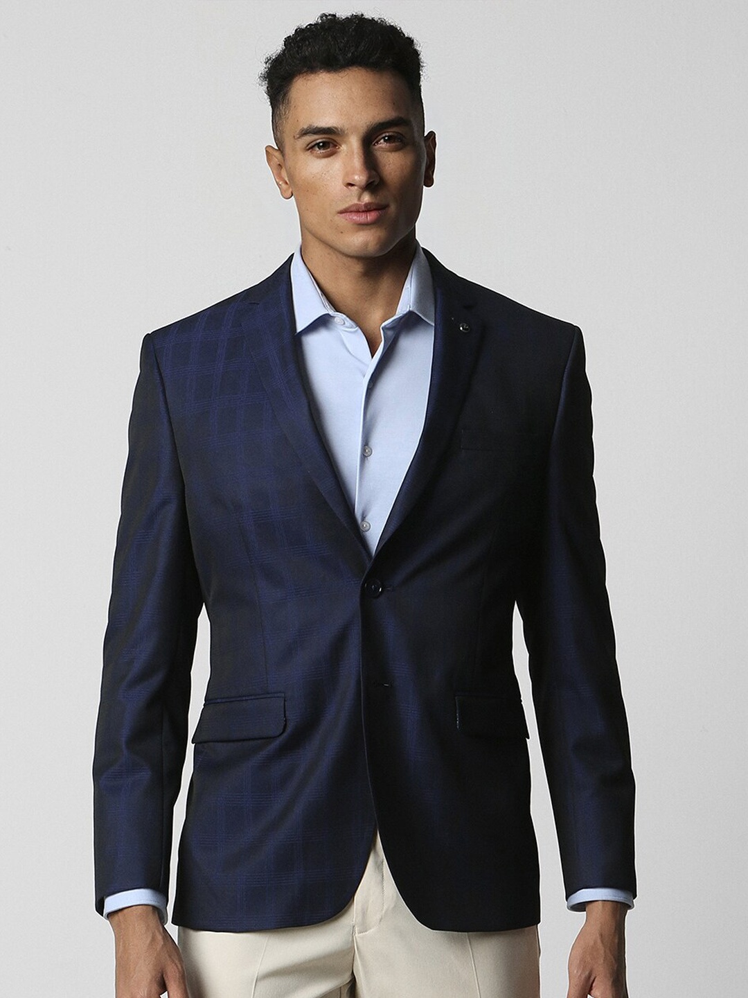 

Van Heusen Slim-Fit Checked Notched Lapel Single Breasted Formal Blazer, Navy blue