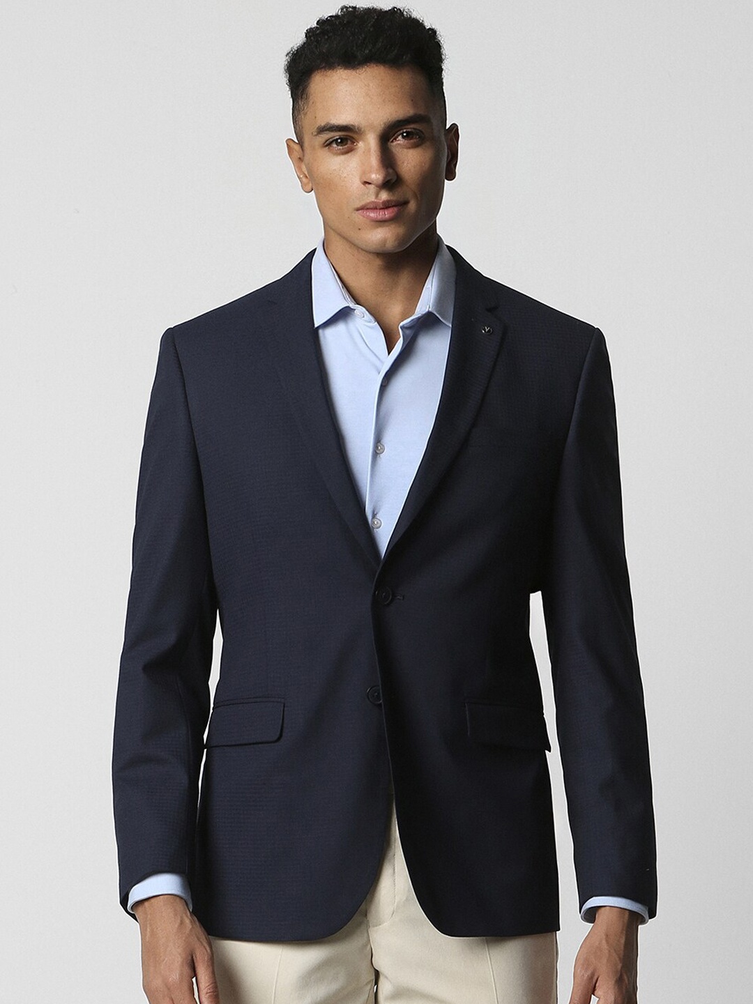

Van Heusen Slim-Fit Checked Notched Lapel Single Breasted Formal Blazer, Navy blue