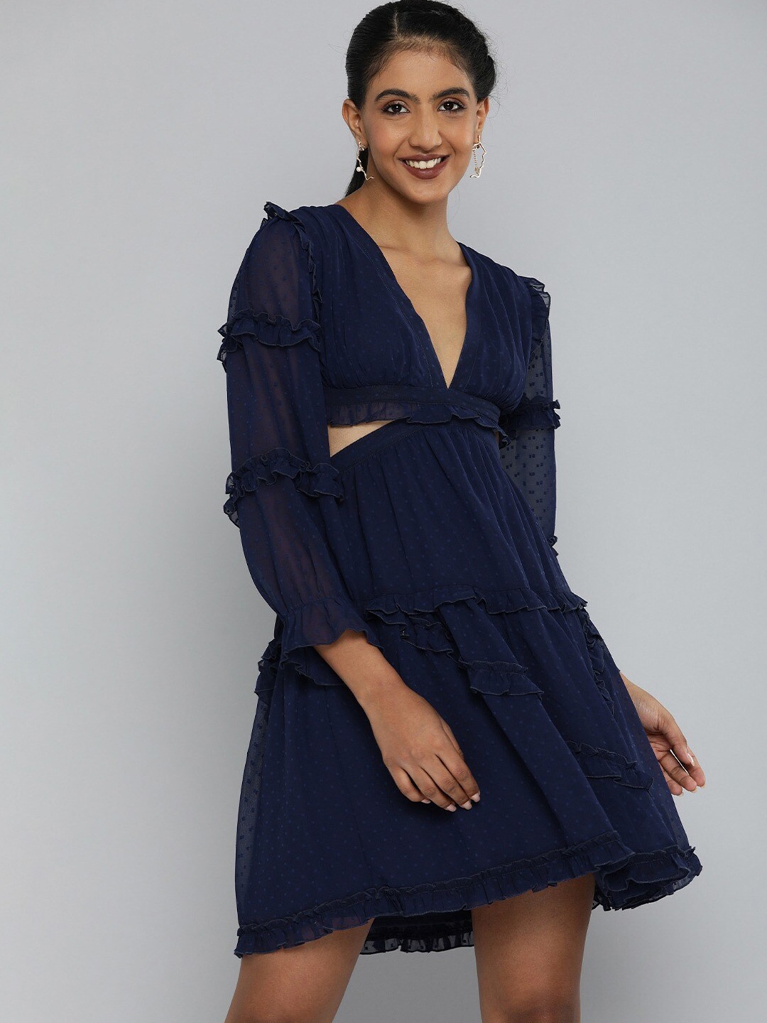 

MAGRE Puff Sleeve Satin Fit & Flare Dress, Blue