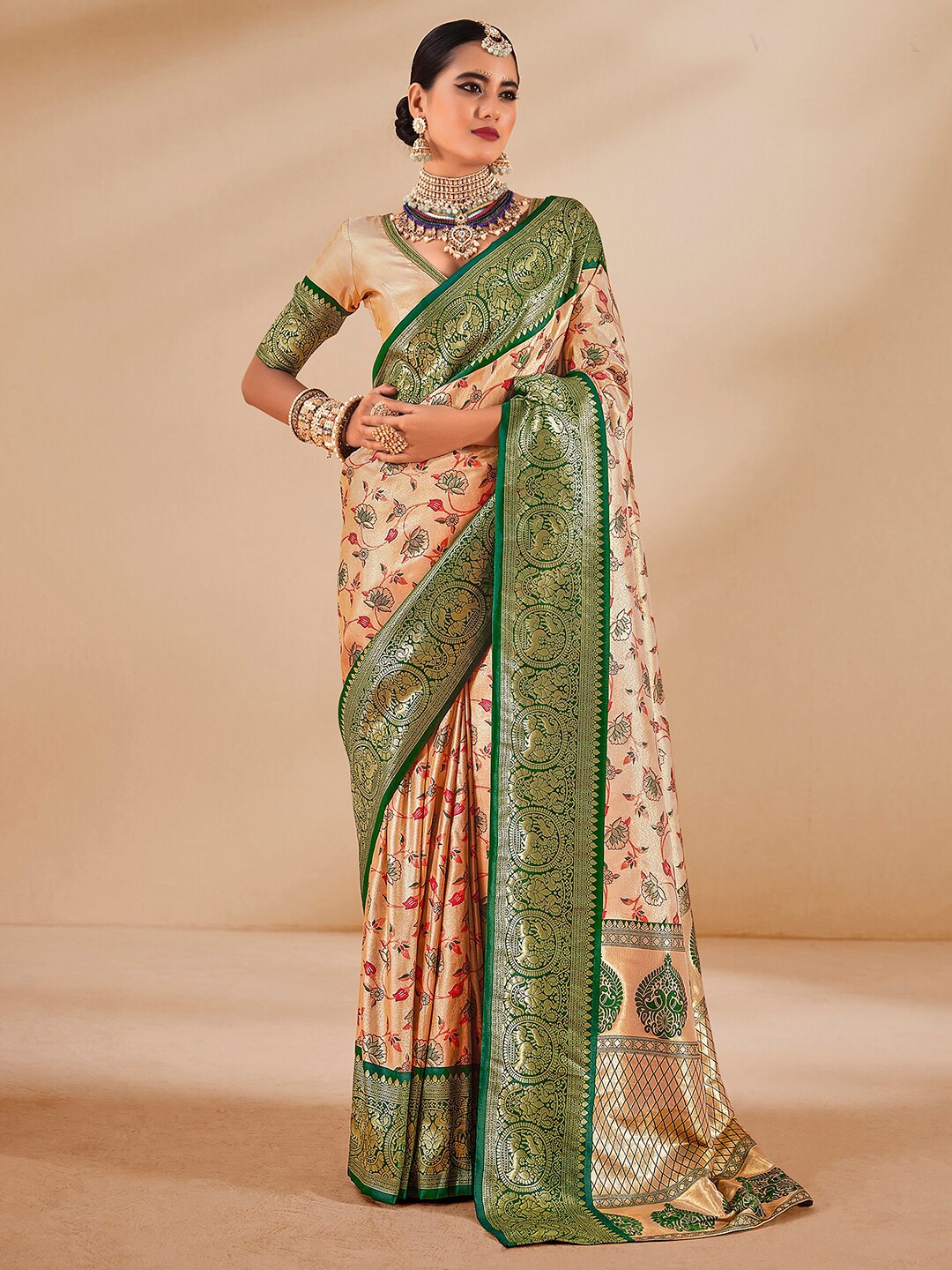 

Mitera Floral Woven Design Banarasi Zari Saree, Beige