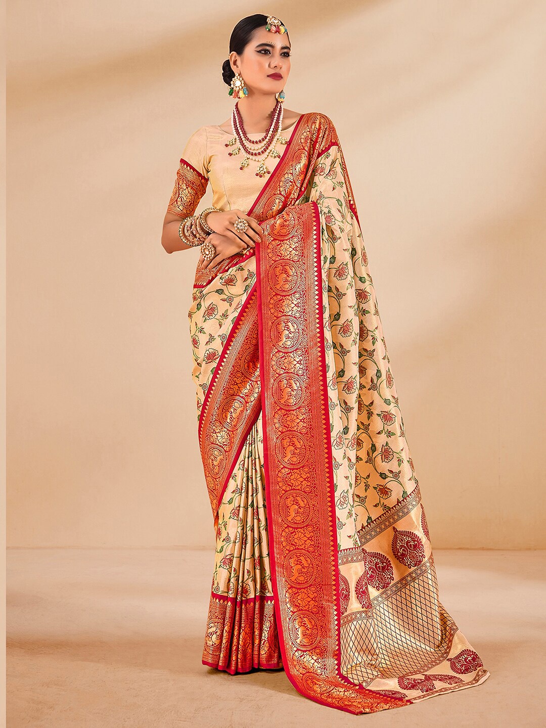 

Mitera Floral Woven Design Banarasi Zari Saree, Beige