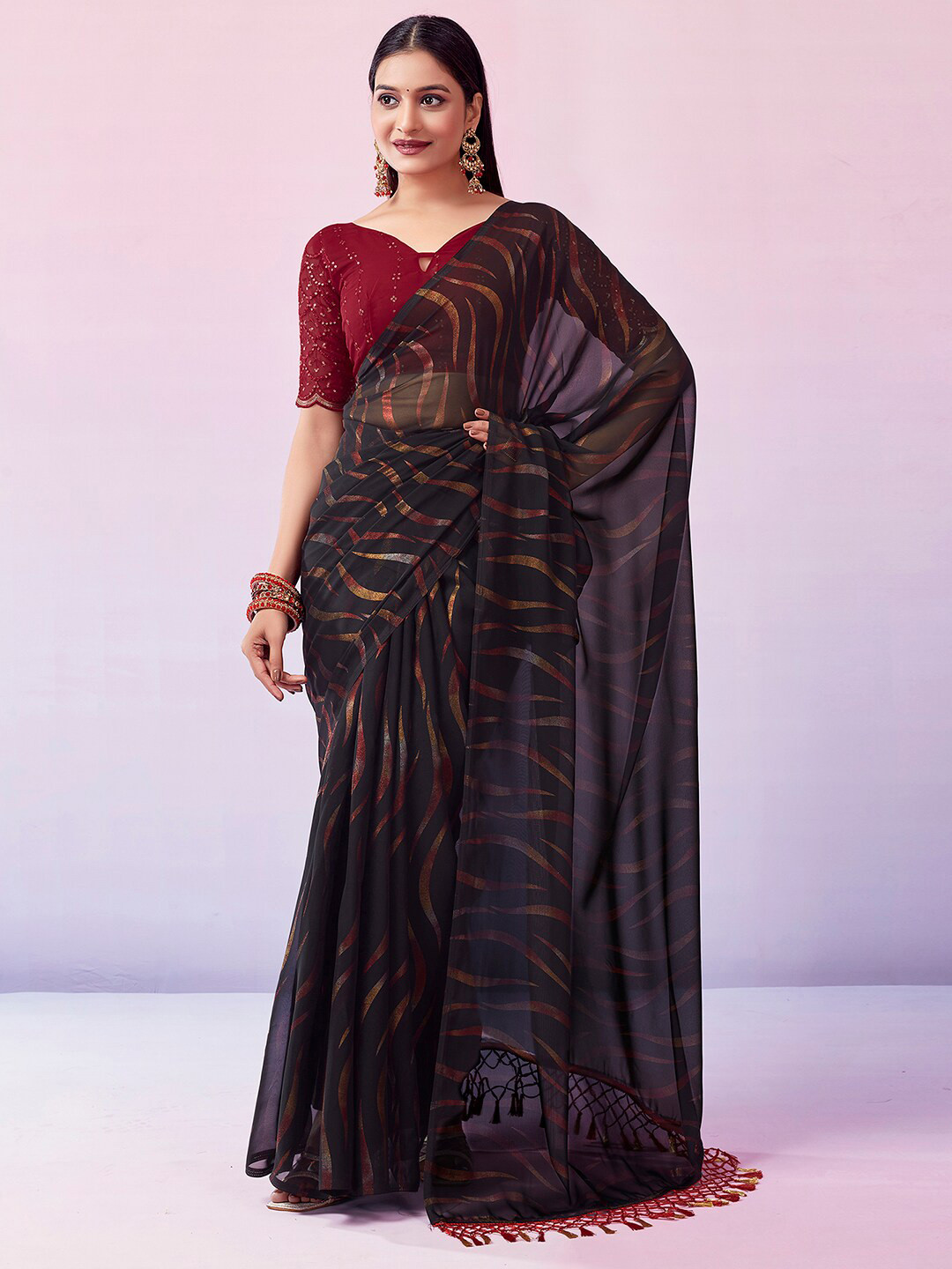 

Mitera Black Leheriya Printed Art Silk Leheriya Saree