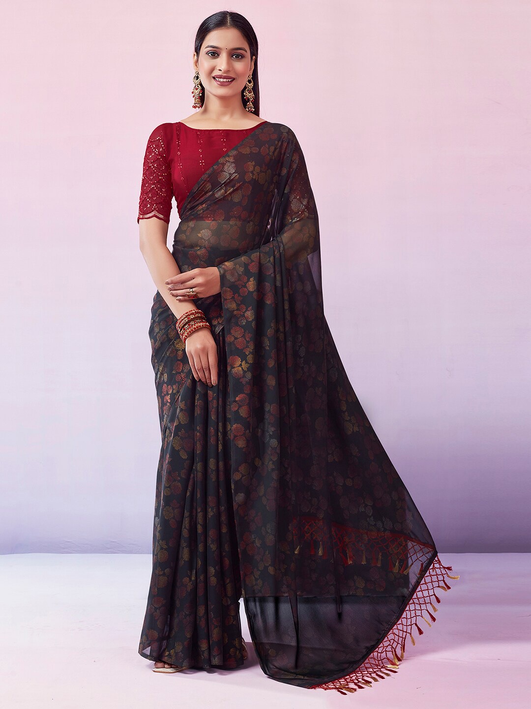 

Mitera Floral Printed Saree, Black