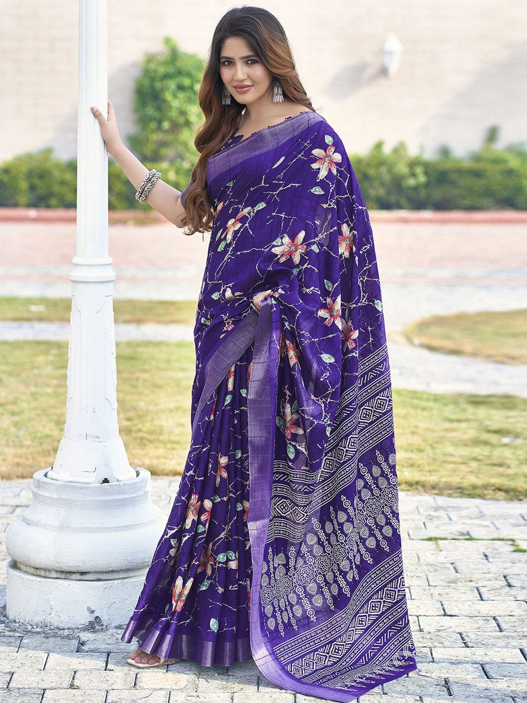 Mitera Violet Floral Printed Zari Art Silk Dabu Saree