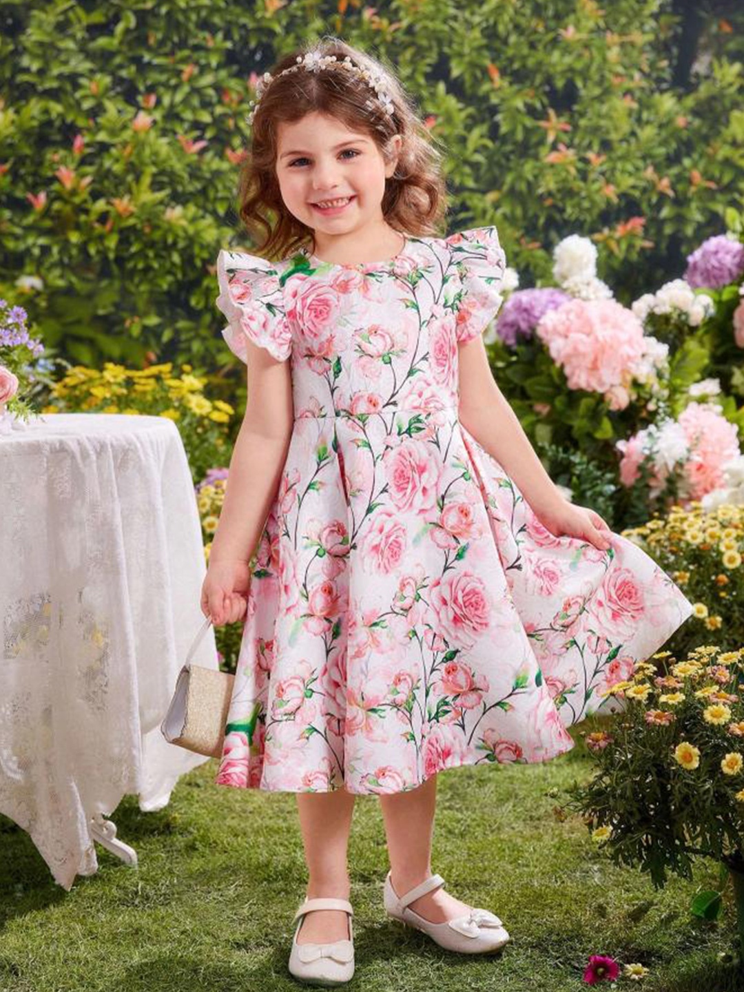 

BAESD Floral Print Flutter Sleeve Fit & Flare Dress, Peach