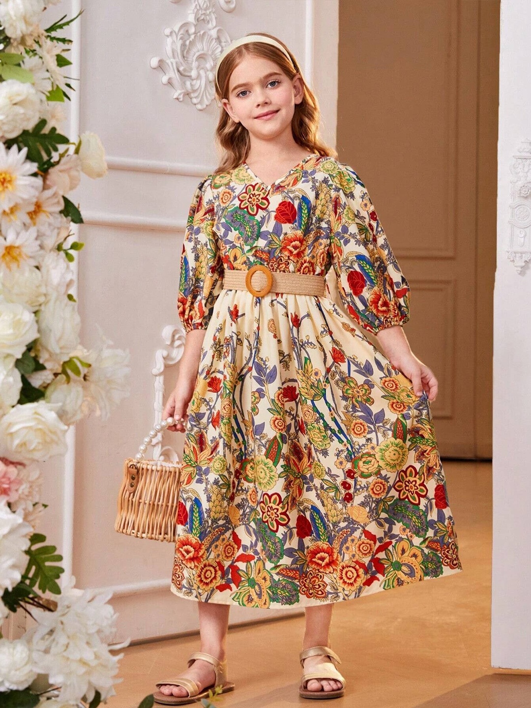 

BAESD Floral Print Puff Sleeve Empire Midi Dress, Beige
