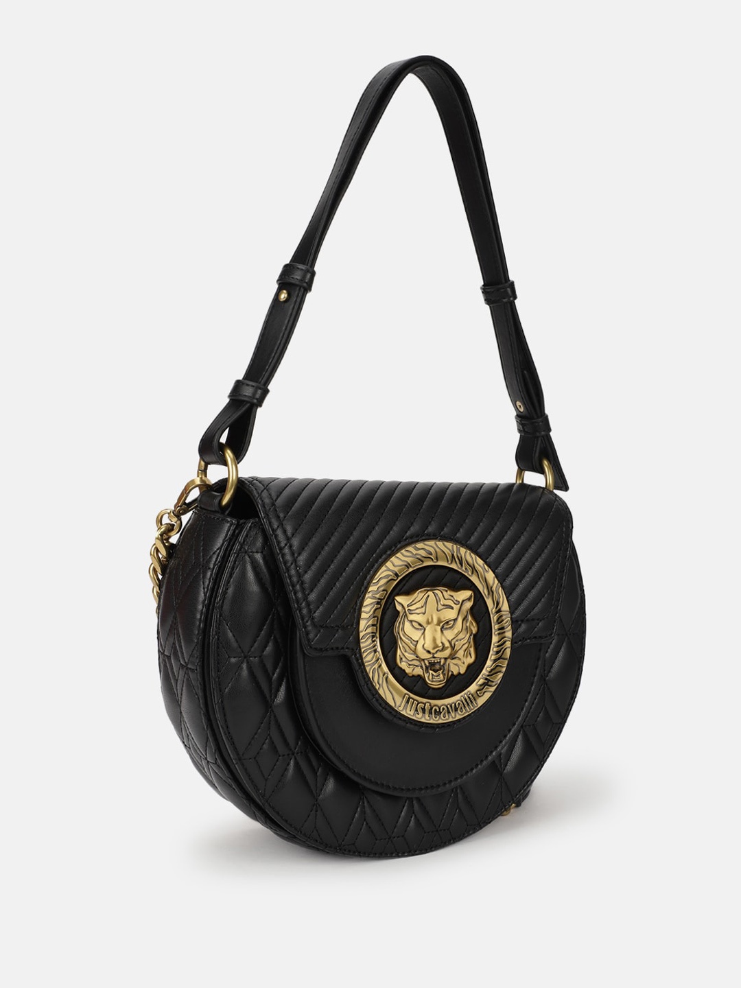 Just Cavalli Geometric Textured Buckle Detailed Half Moon Shoulder Bag, Black