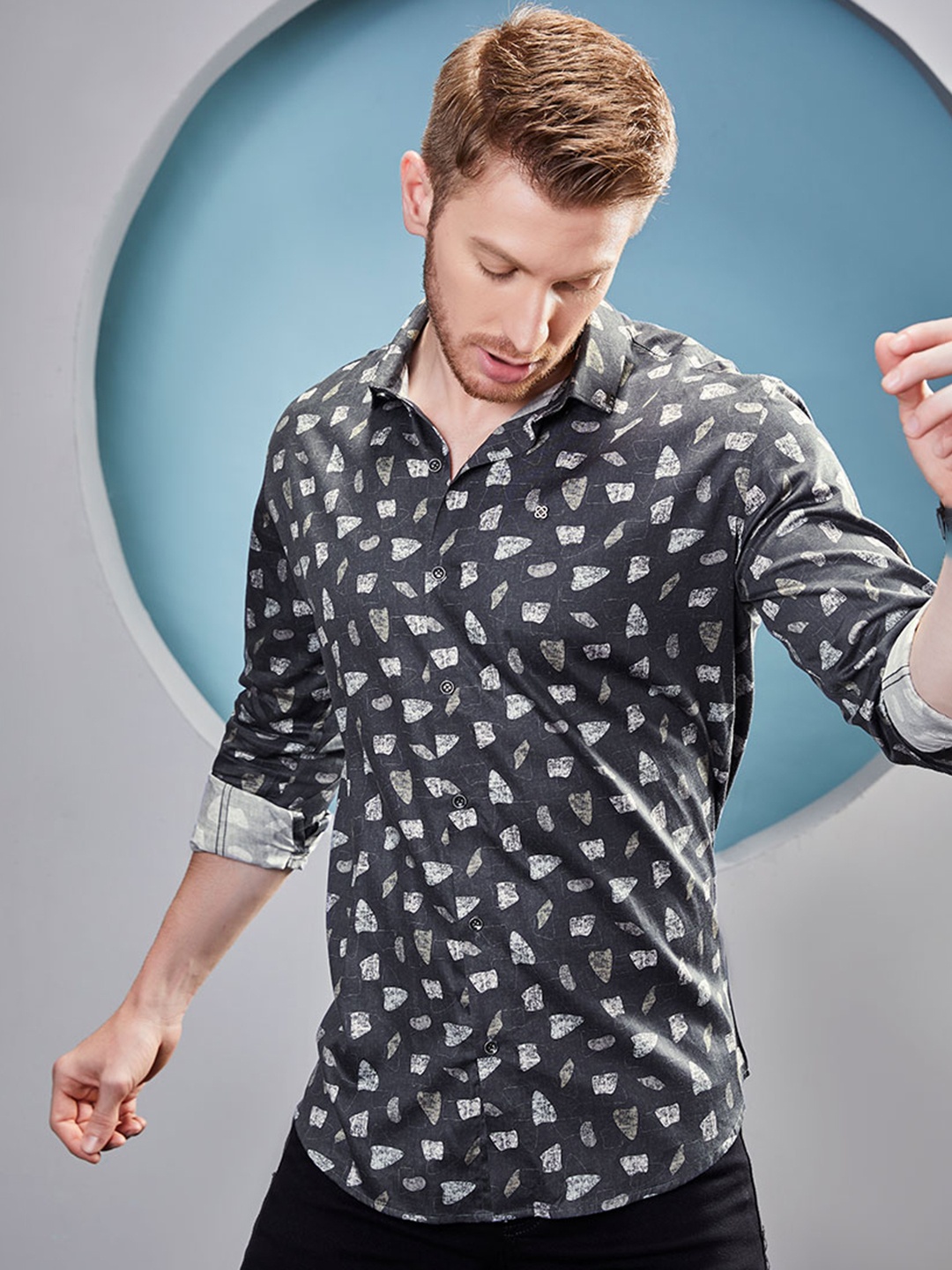 

ALMATY Men Comfort Slim Fit Opaque Printed Party Shirt, Navy blue