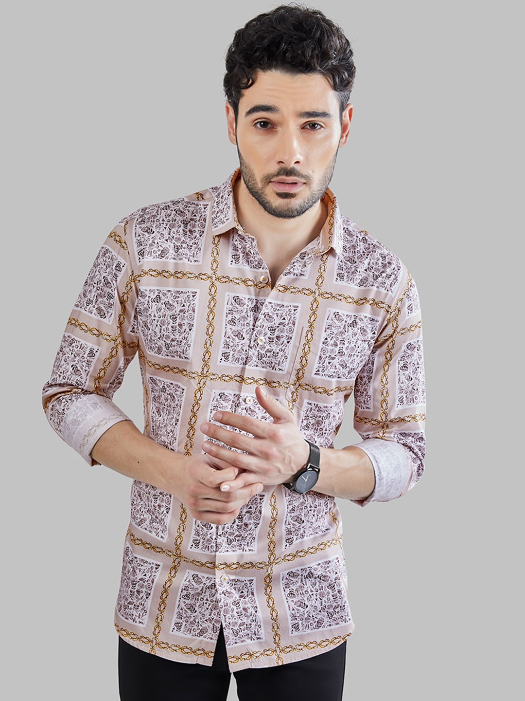 

ALMATY Men Comfort Slim Fit Opaque Printed Party Shirt, Cream