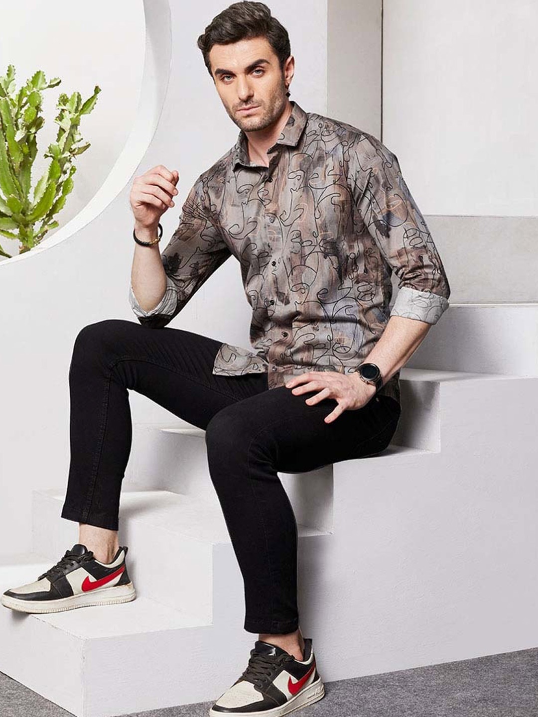 ALMATY Men Comfort Slim Fit Floral Opaque Printed Party Shirt, Brown