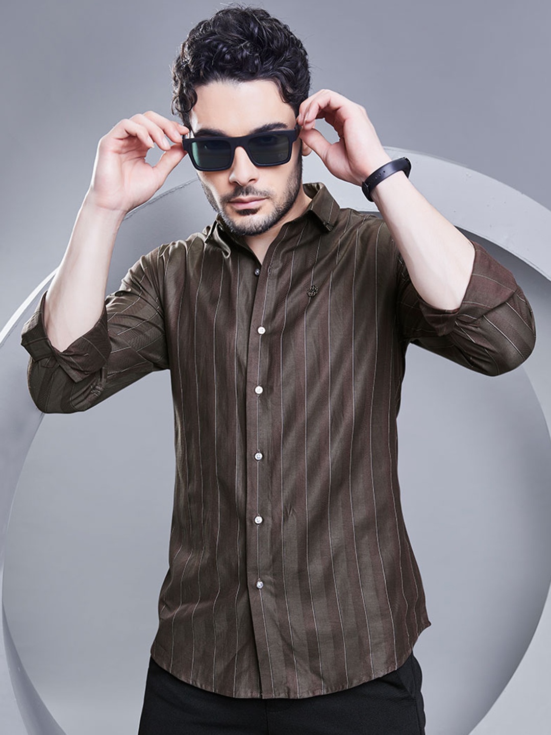 

ALMATY Men Comfort Slim Fit Opaque Striped Party Shirt, Brown