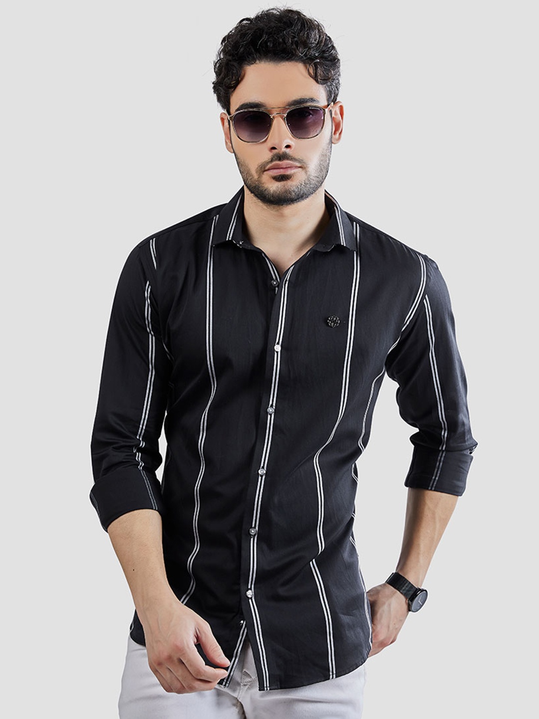 

ALMATY Men Comfort Slim Fit Opaque Printed Party Shirt, Black