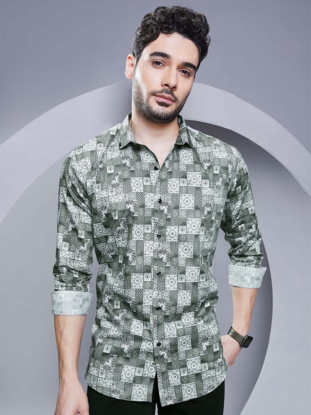 

ALMATY Men Comfort Slim Fit Opaque Printed Party Shirt, Green