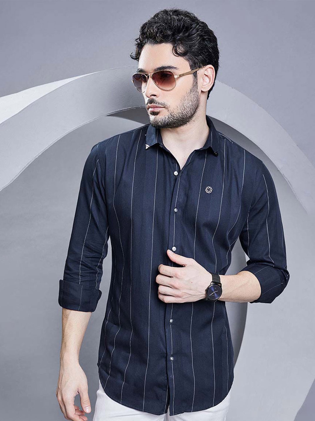 

ALMATY Comfort Vertical Stripes Striped Cotton Spread Collar Slim Fit Opaque Casual Shirt, Blue