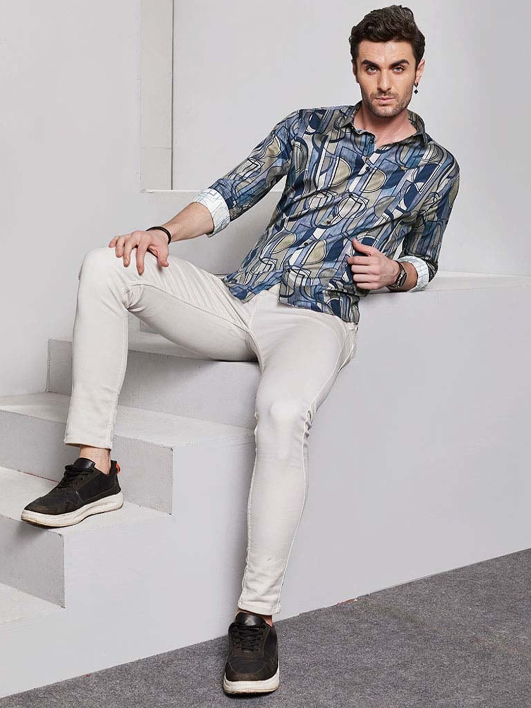 

ALMATY Men Comfort Slim Fit Floral Opaque Printed Party Shirt, Blue