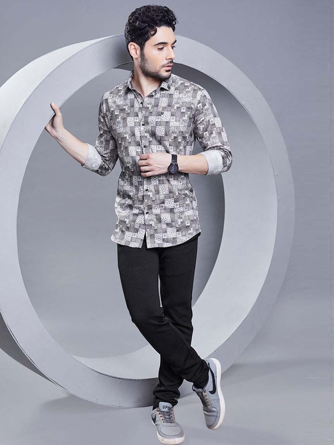 ALMATY Men Comfort Slim Fit Floral Opaque Printed Party Shirt, Grey