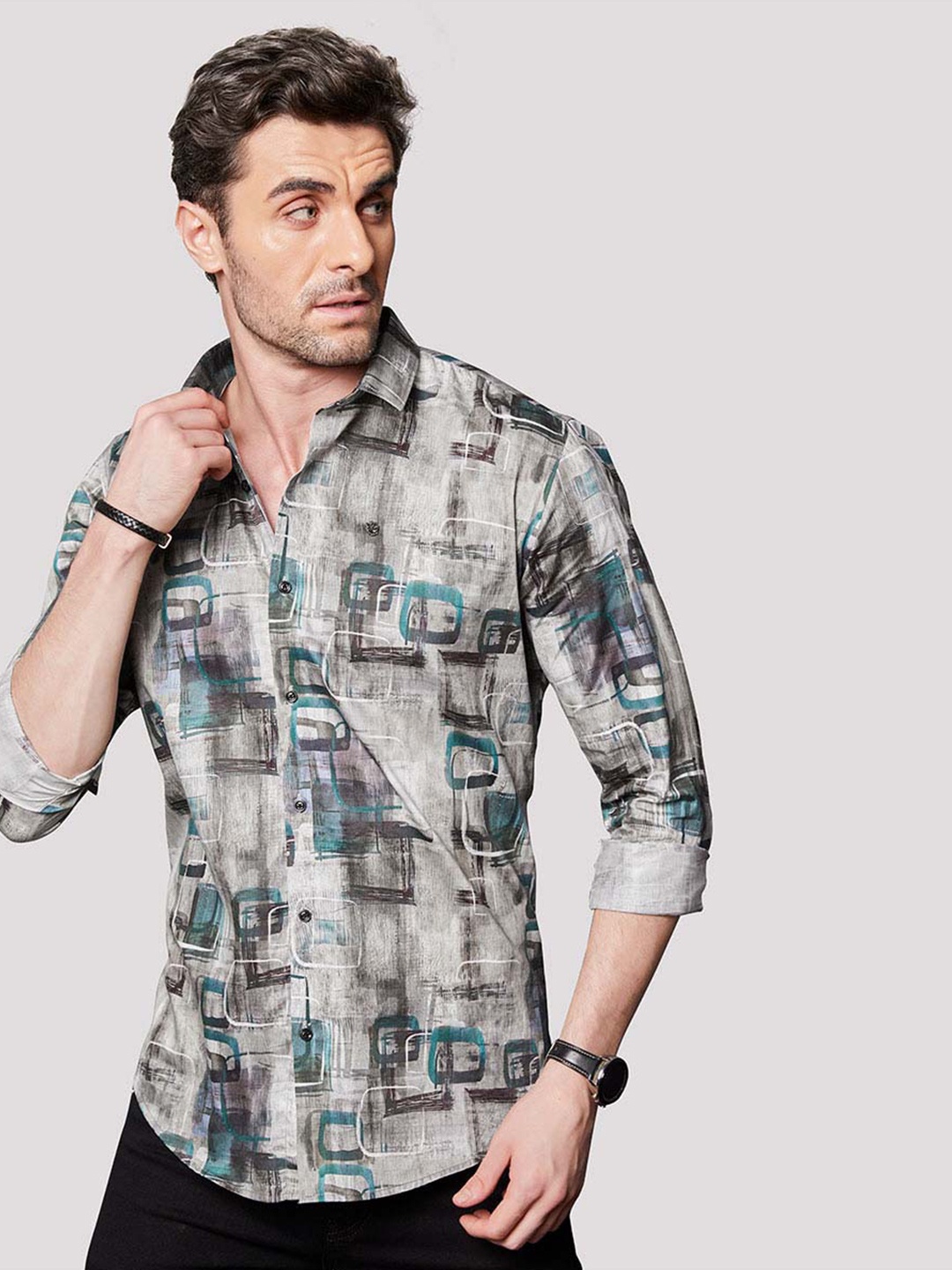 

ALMATY Men Comfort Slim Fit Geometric Printed Cotton Shirt, Green
