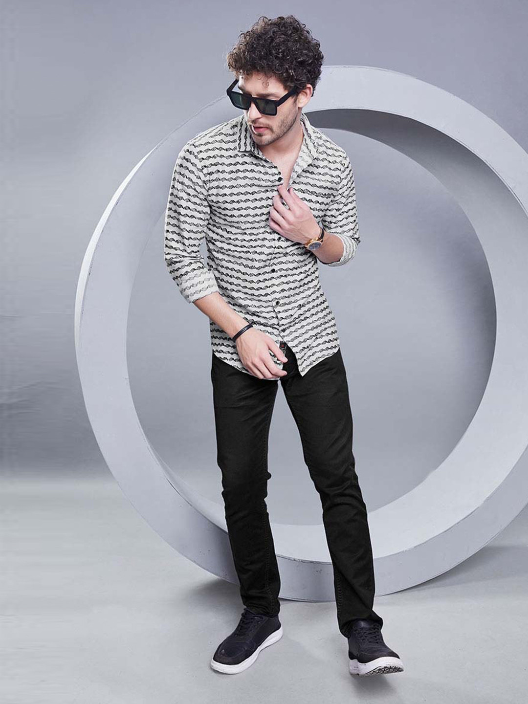 

ALMATY Men Comfort Slim Fit Horizontal Stripes Opaque Striped Party Shirt, White