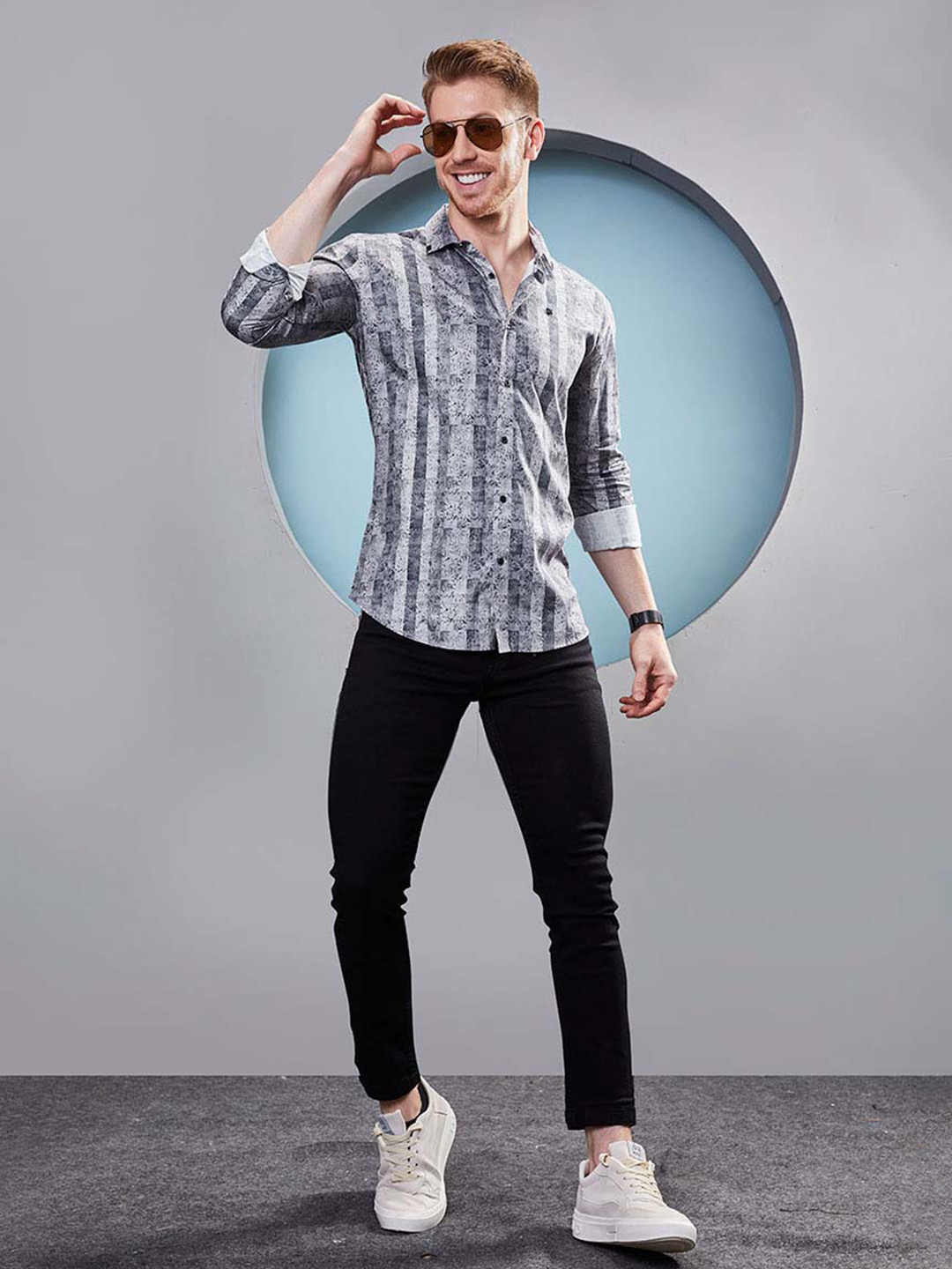 

ALMATY Abstract Printed Comfort Slim Fit Cotton Curved Party Shirt, Grey