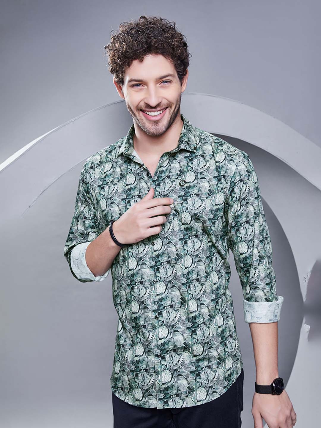 ALMATY Men Comfort Slim Fit Floral Opaque Printed Party Shirt, Green