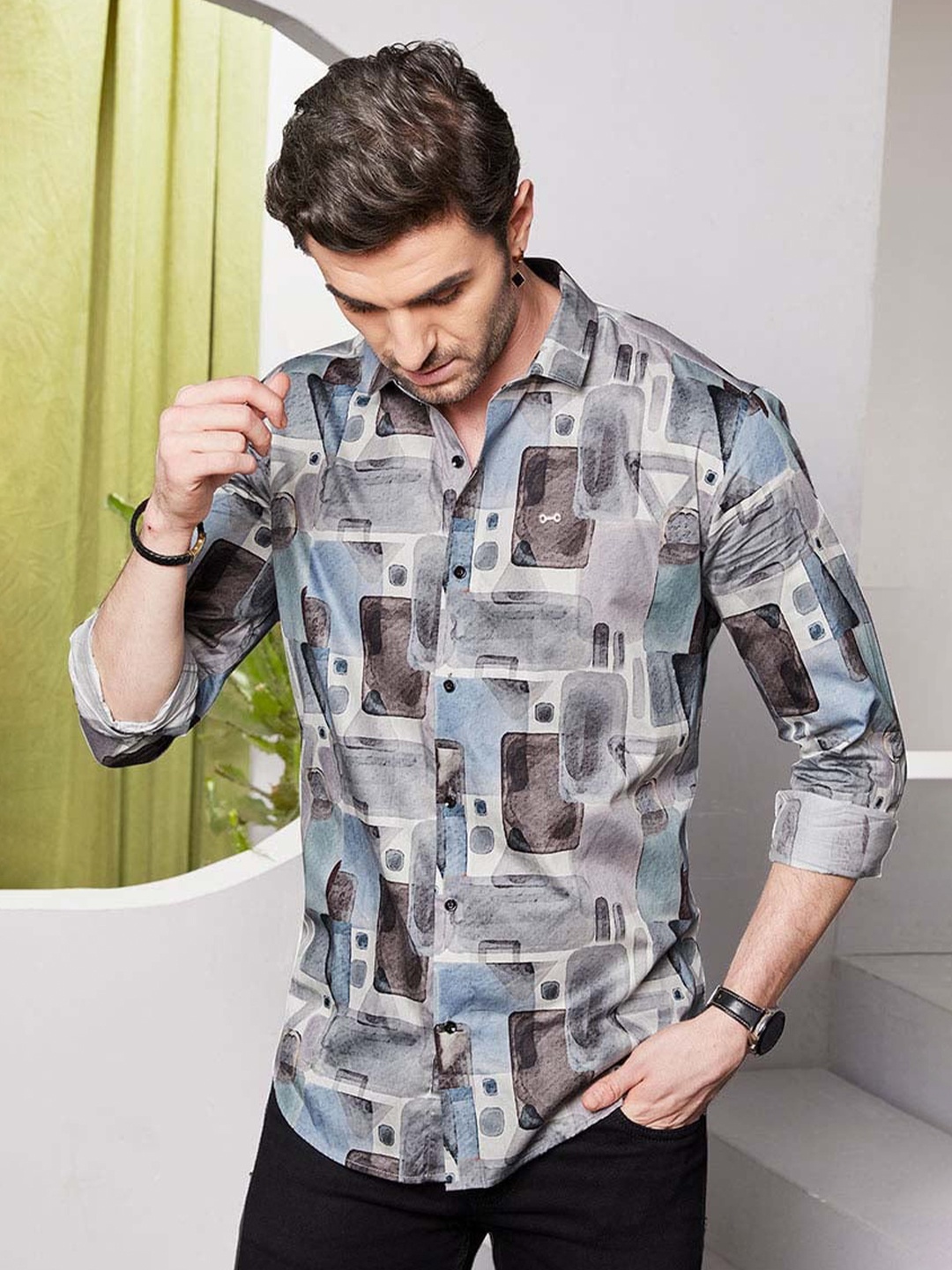 

ALMATY Comfort Slim Fit Opaque Geometric Printed Cotton Party Shirt, Brown