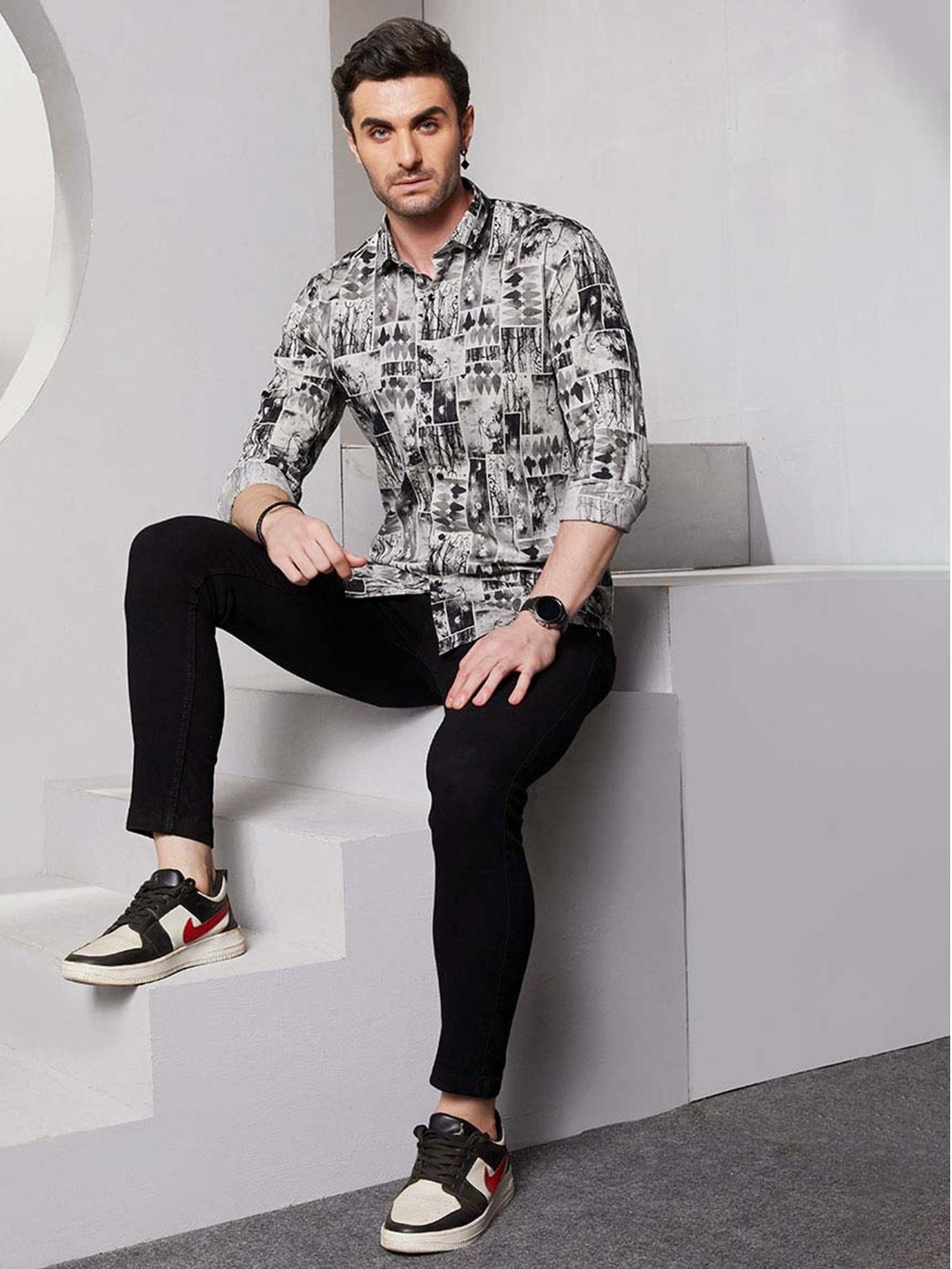 ALMATY Men Comfort Slim Fit Floral Opaque Printed Party Shirt, White