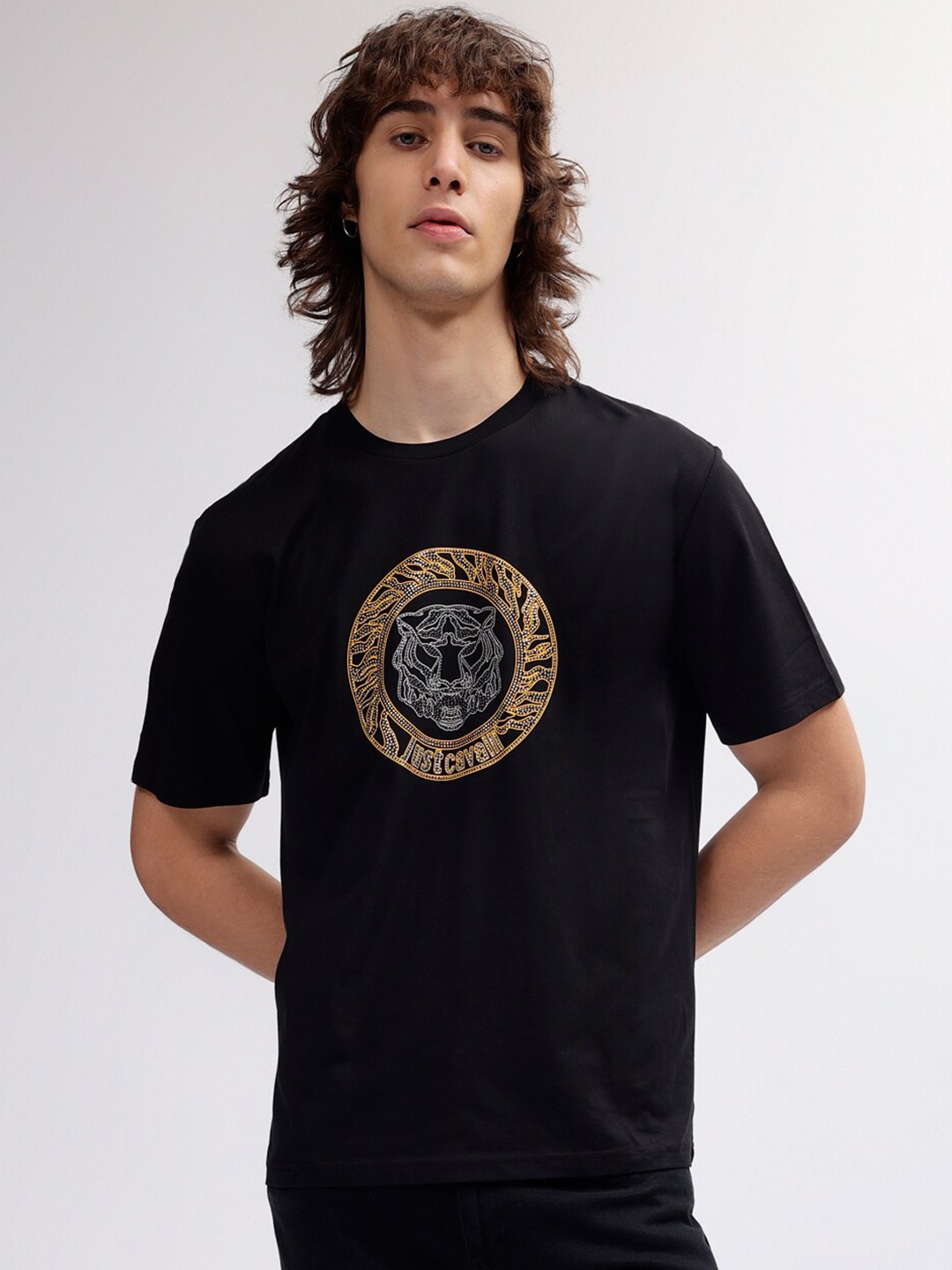

Just Cavalli Typography Printed Pure Cotton T-shirt, Black