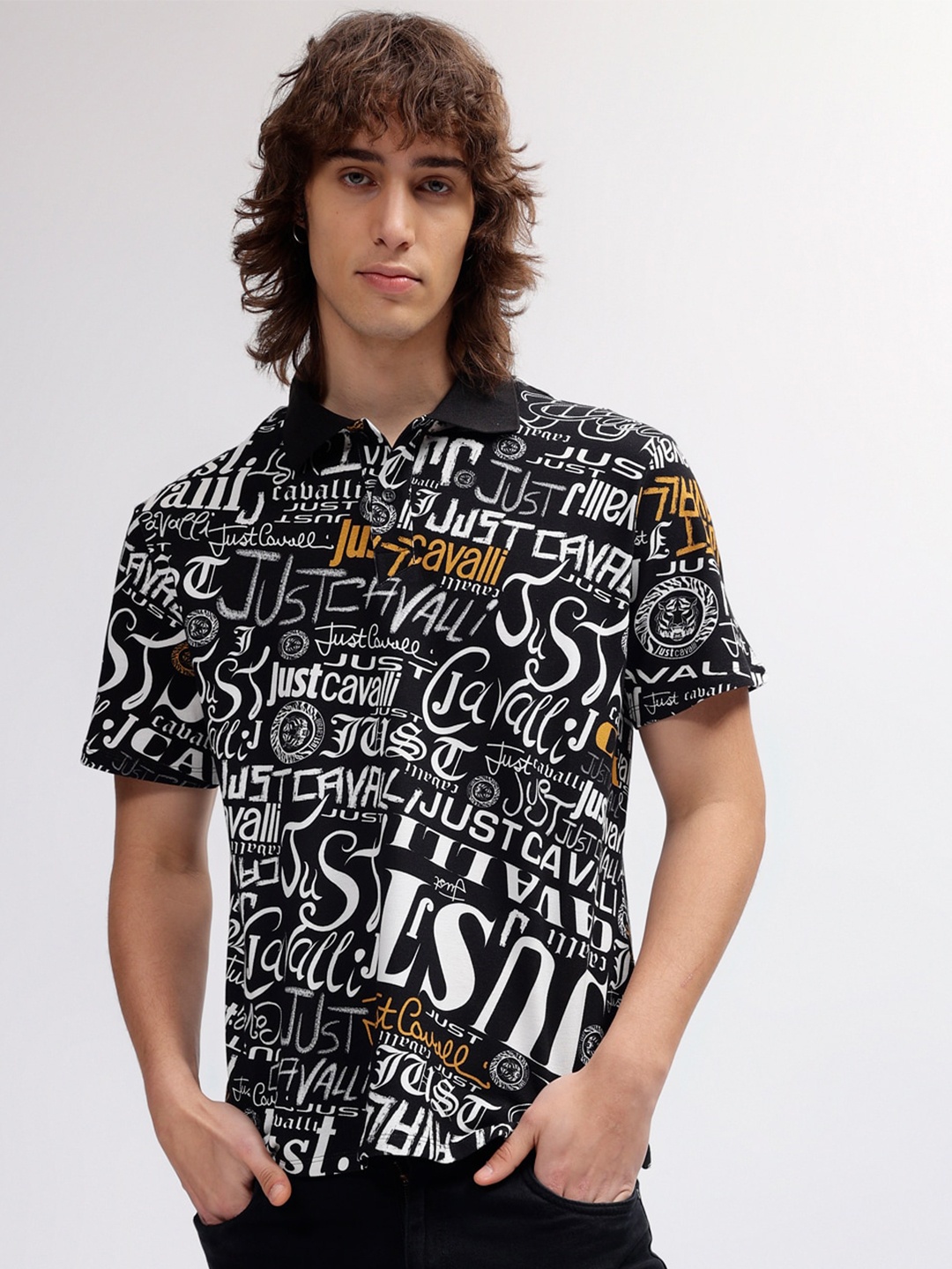 Just Cavalli Men Typography Printed Polo Collar Pockets T-shirt, Black