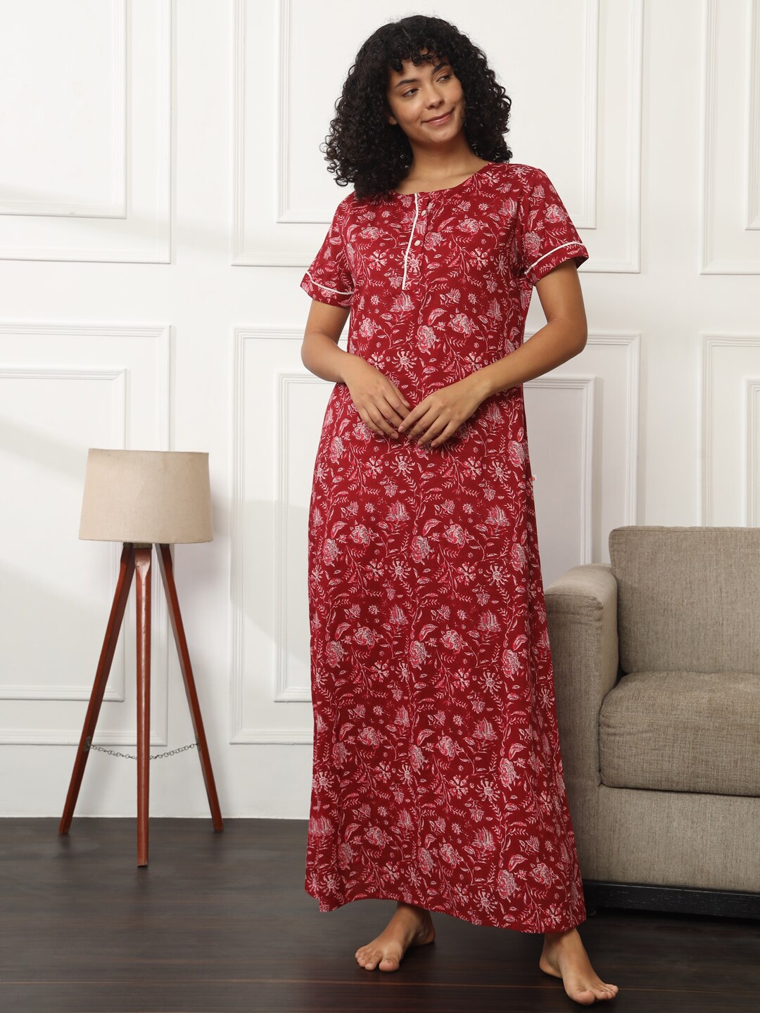 

Bannos Swagger Printed Cotton Maxi Nightdress, Maroon