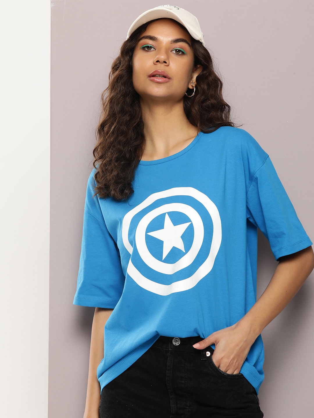 

Kook N Keech Captain America Printed Drop-Shoulder Sleeves Oversized Pure Cotton T-shirt, Blue