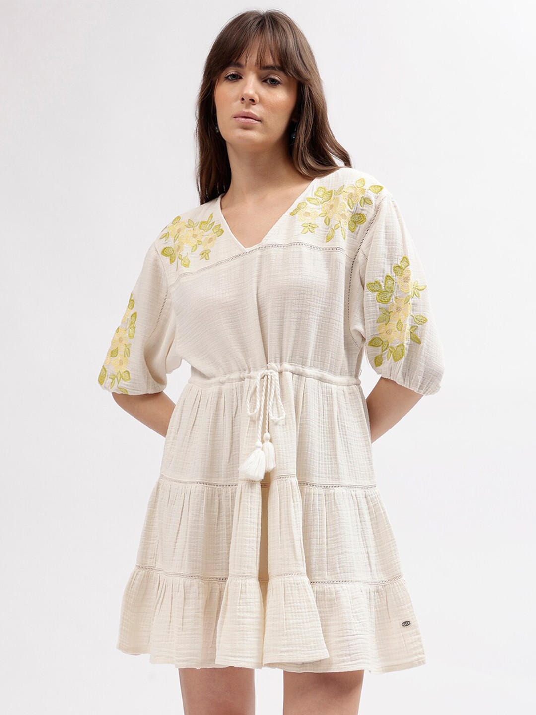 

ELLE Floral Embroidered Pure Cotton A-Line Dress, Off white