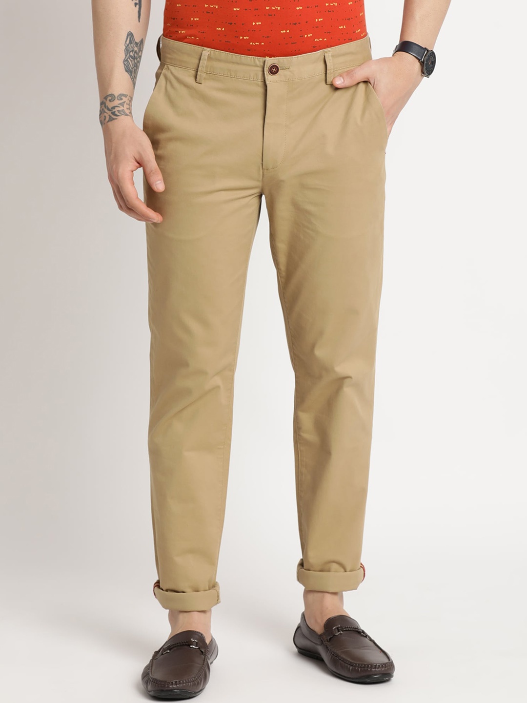 

Turtle Men Cotton Relaxed Skinny Fit Chinos Trousers, Beige