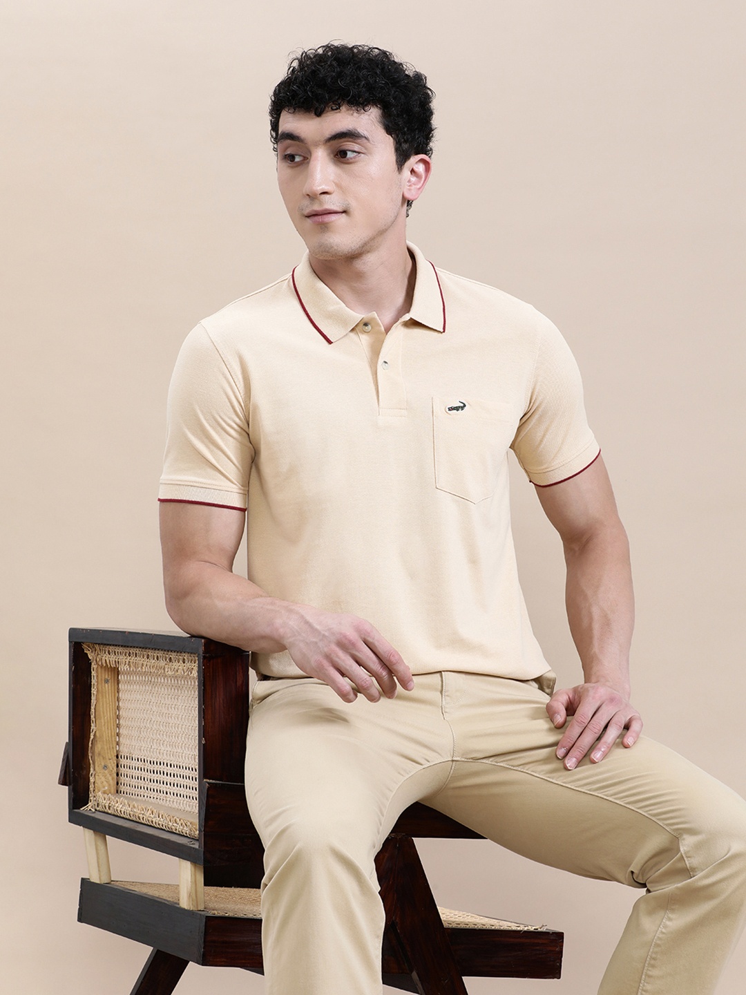 

Crocodile Men Polo Collar Pockets Slim Fit T-shirt, Beige