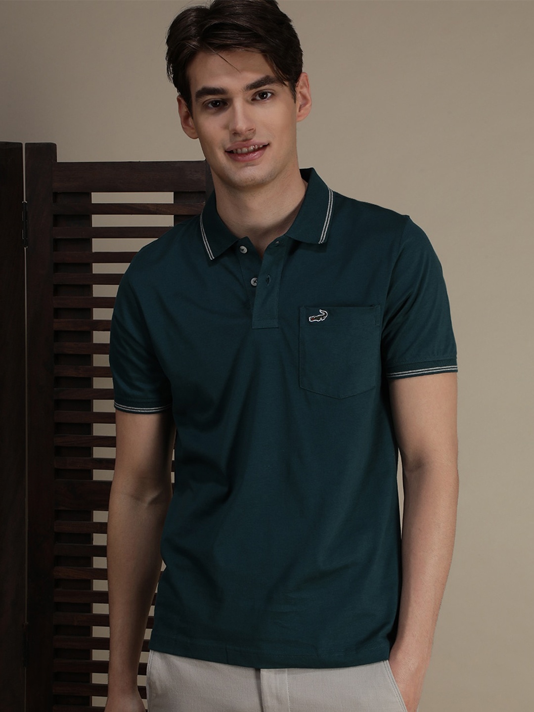 

Crocodile Men Striped Polo Collar Pockets Slim Fit T-shirt, Teal