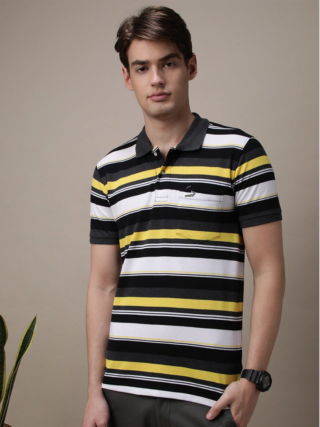 

Crocodile Men Striped Polo Collar Pockets Slim Fit T-shirt, Grey melange