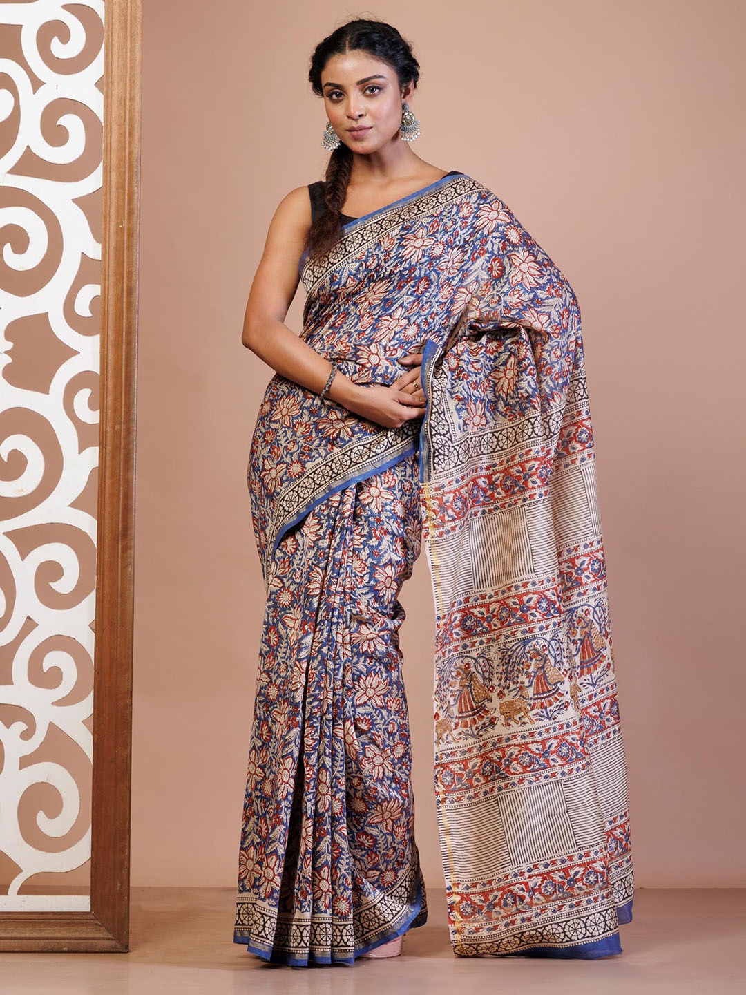 

Unnati Silks Tie and Dye Zari Silk Cotton Handloom Chanderi Saree, Blue