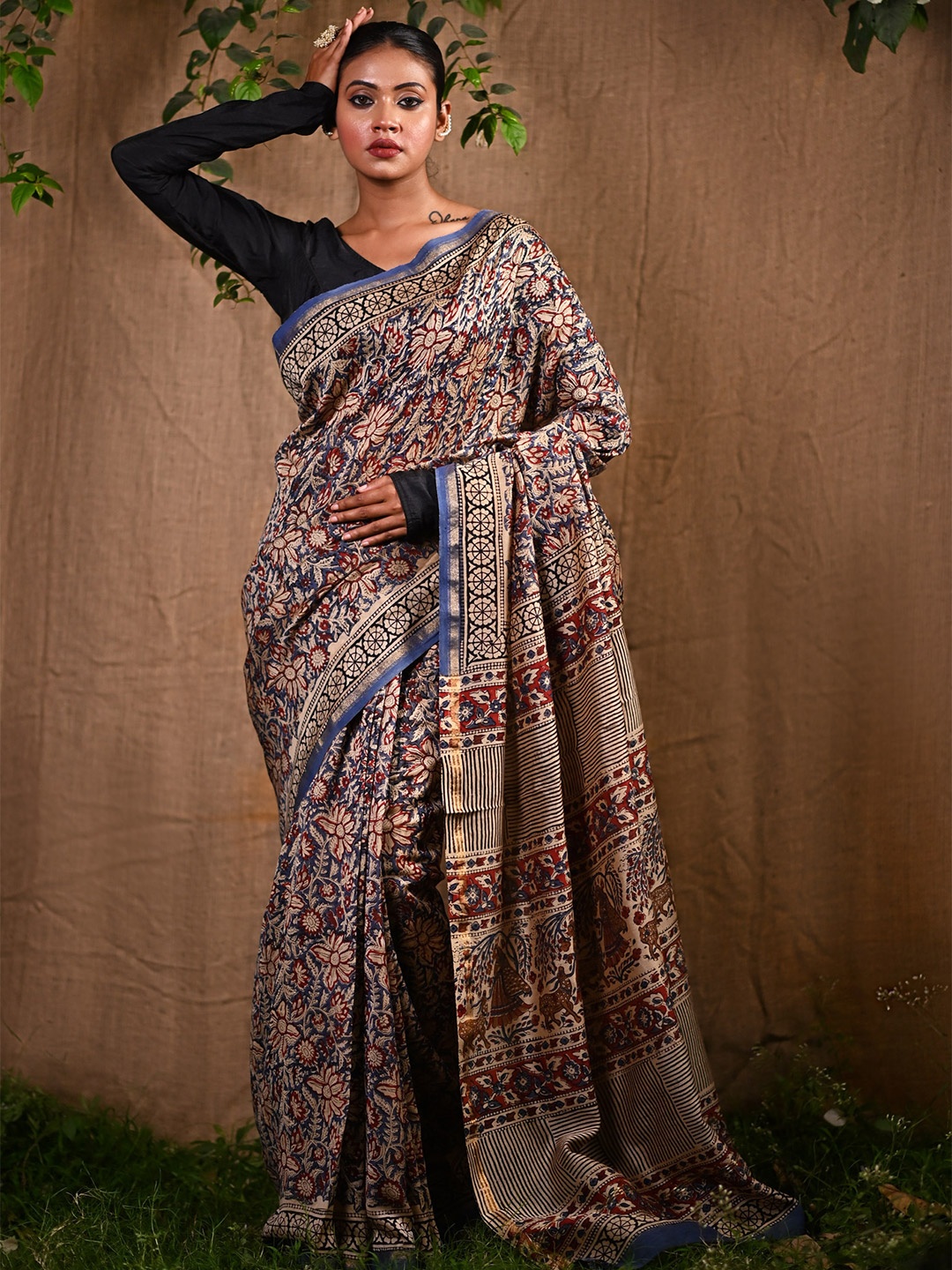 

Unnati Silks Tie and Dye Zari Silk Cotton Handloom Chanderi Saree, Blue