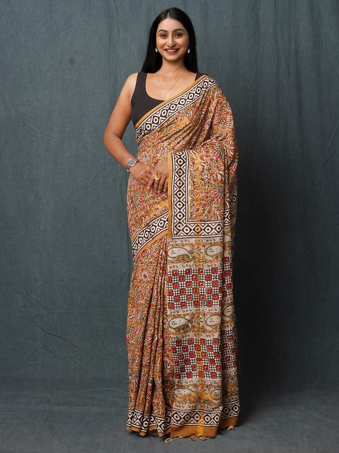 

Unnati Silks Ethnic Motifs Handloom Bagru Saree, Brown