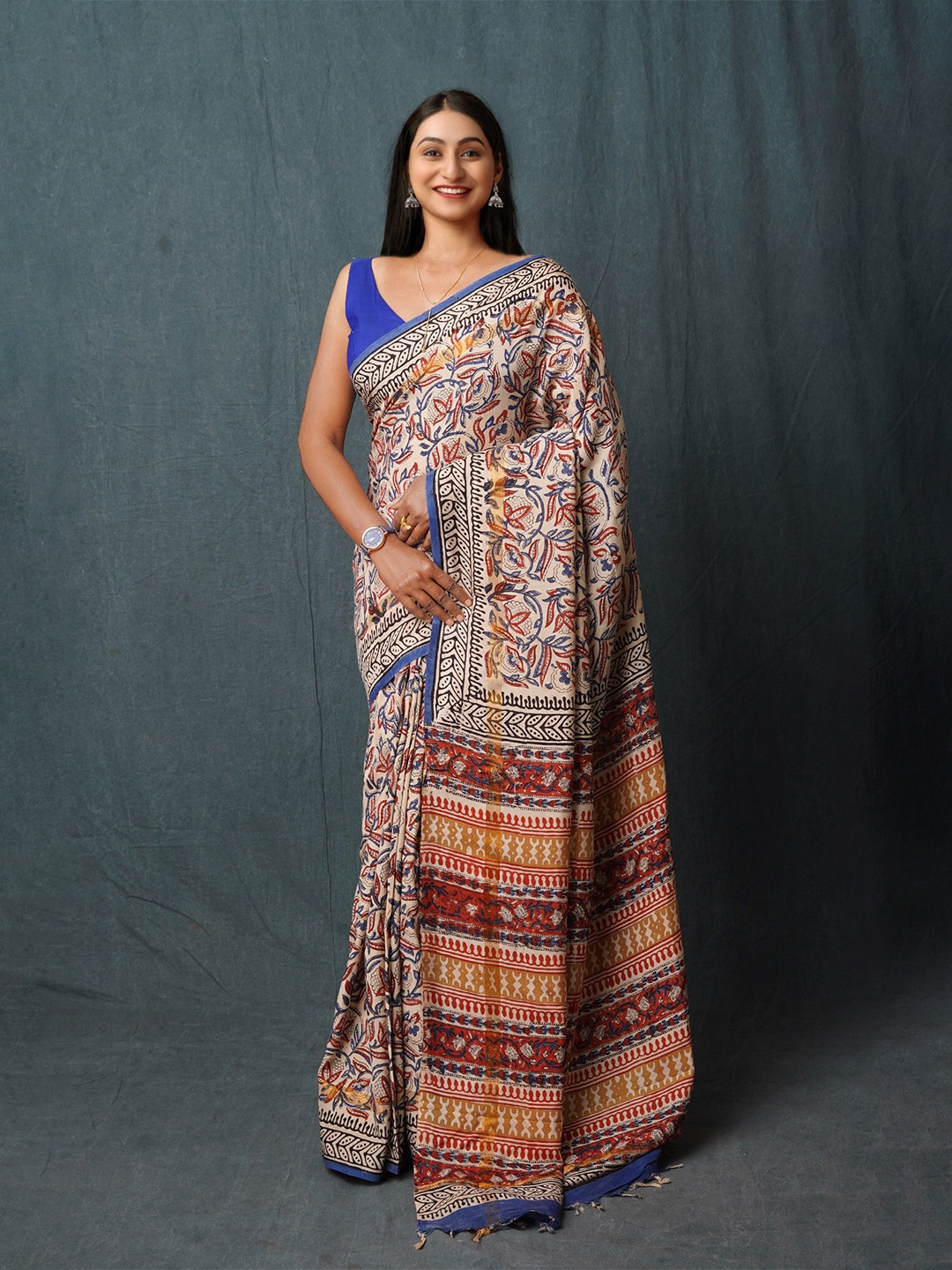 

Unnati Silks Tie and Dye Handloom Bagru Saree, Cream
