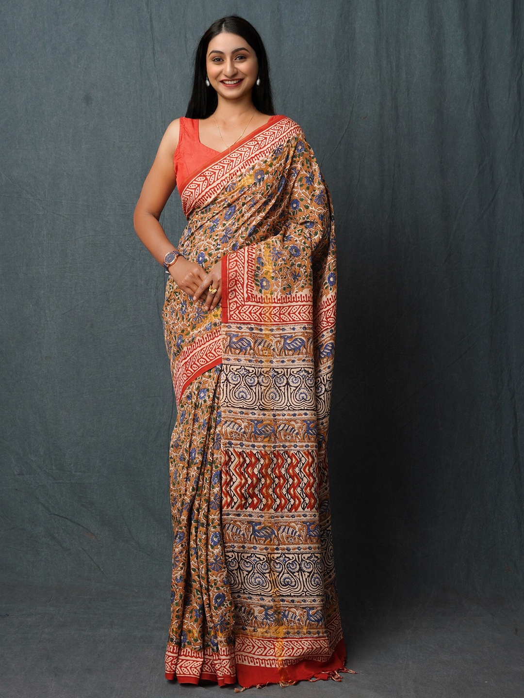 

Unnati Silks Ethnic Motifs Handloom Bagru Saree, Brown