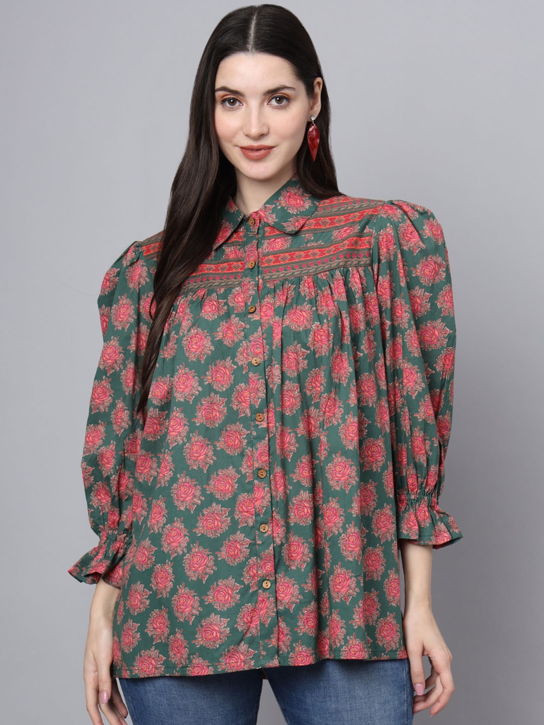 

Divena Print Cotton Shirt Style Longline Top, Green