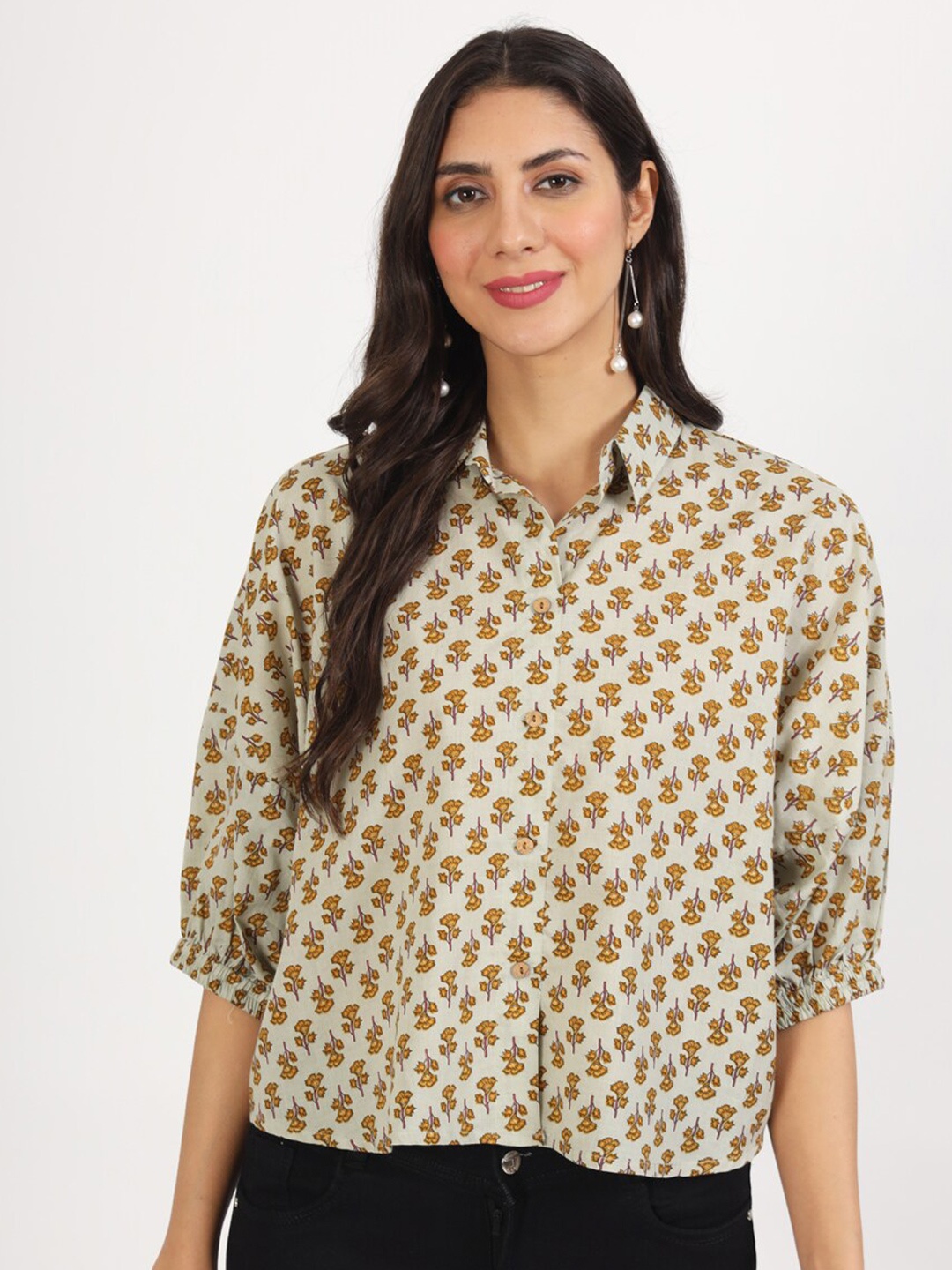 

Divena Print Cotton Shirt Style Top, Green