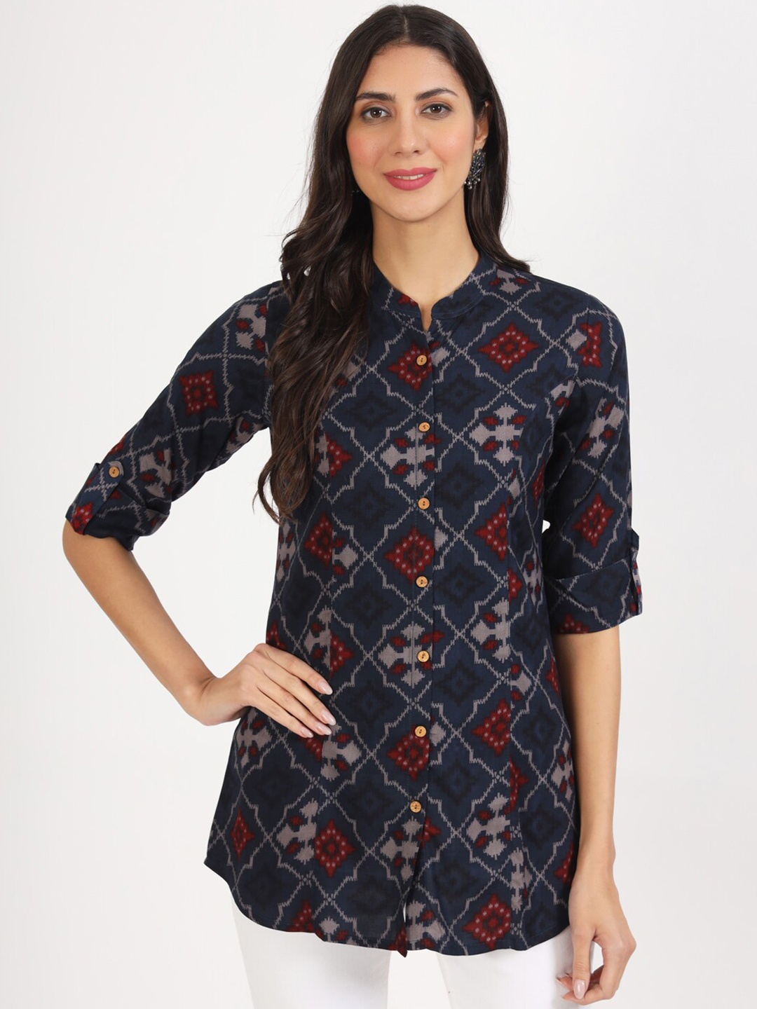 

Divena Printed Mandarin Collar Roll-Up Sleeves Top, Blue