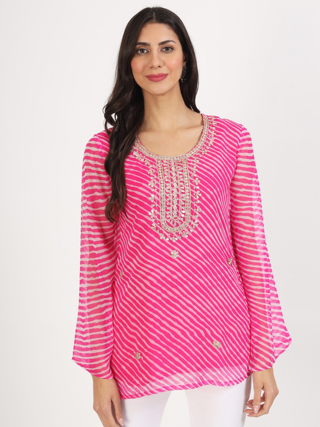 

Divena Leheriya Embroidered Round Neck Gotta Patti Kurti, Pink