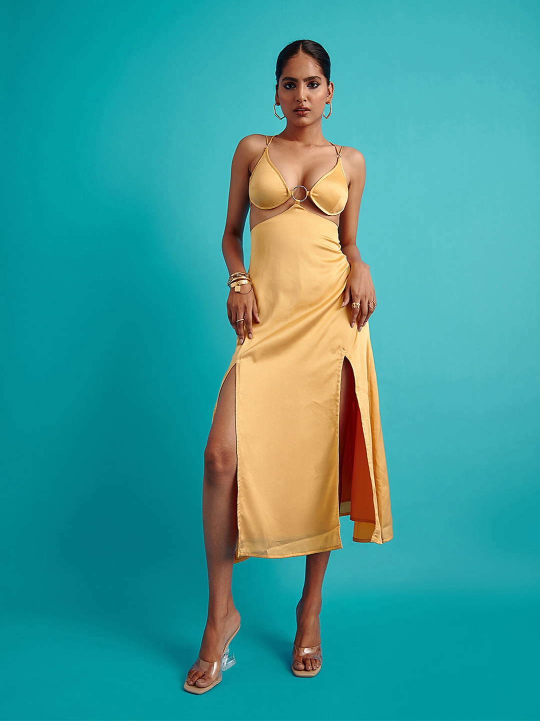 

THE CLOTHING FACTORY Satin Sheath Midi Dress, Yellow