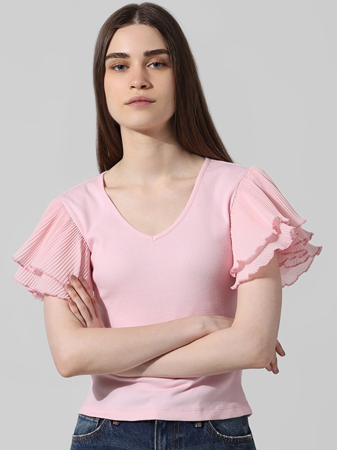 

ONLY Choker Neck Flared Sleeve Cotton Top, Pink