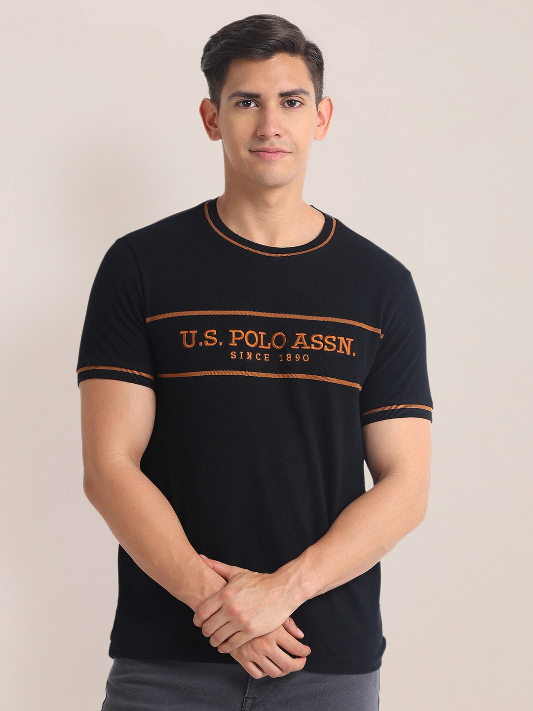 

U.S. Polo Assn. Men Typography Striped Applique Slim Fit T-shirt, Black