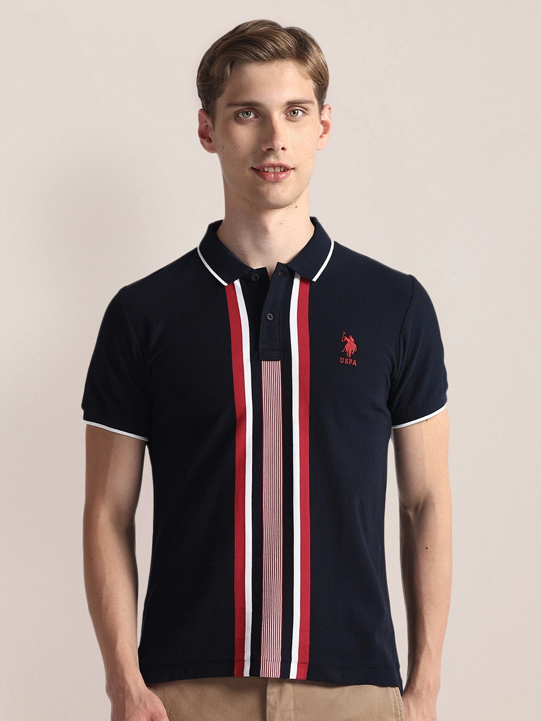 

U.S. Polo Assn. Men Striped Polo Collar Applique Slim Fit T-shirt, Blue